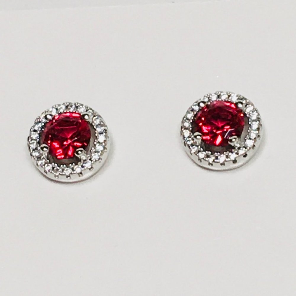 Ruby CZ Round Crown Sterling Silver Stud Earrings